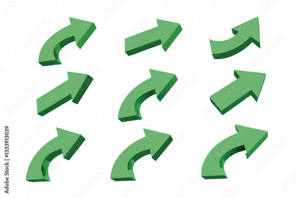 Poster set of nine 3d green arrows in various styles and angles on a white surface. set of green arrows