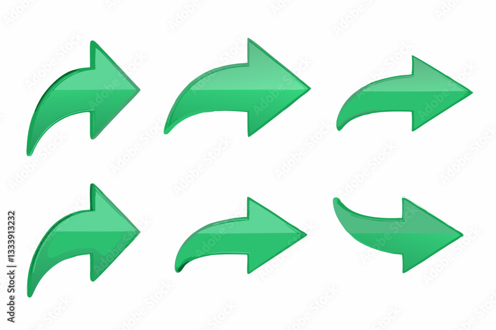 Aufkleber a collection of nine 3d green arrows with unique shapes and directions on a white background. vector