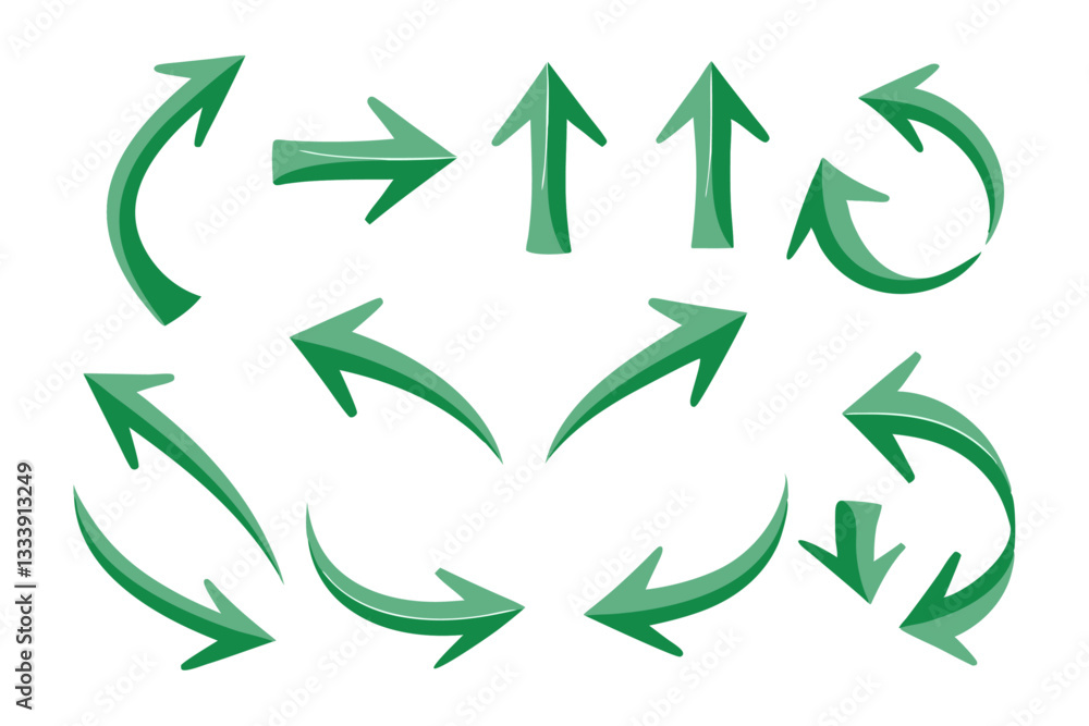 Poster modern 3d green arrows collection with unique shapes and angles arranged in a clean grid on a white 