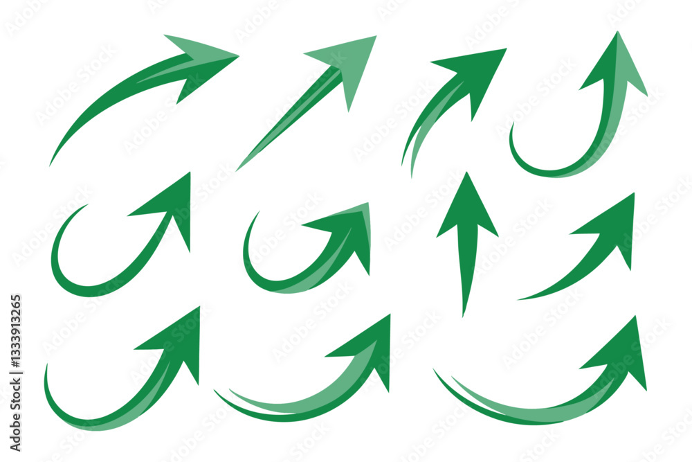 Poster nine 3d green arrows pointing in various directions with shading and perspective for a dynamic float