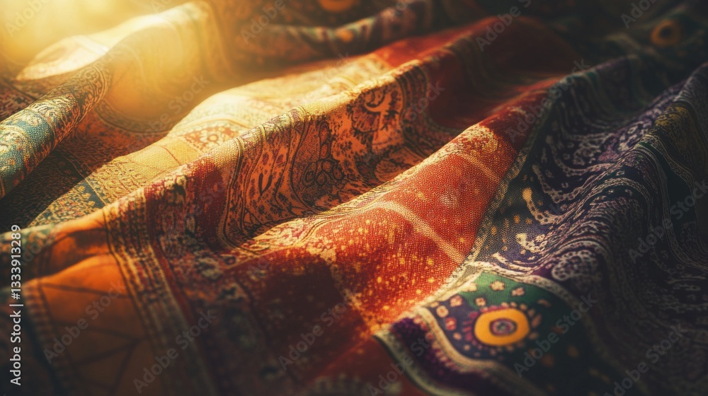 Poster vibrant textiles with intricate patterns and warm lighting effects