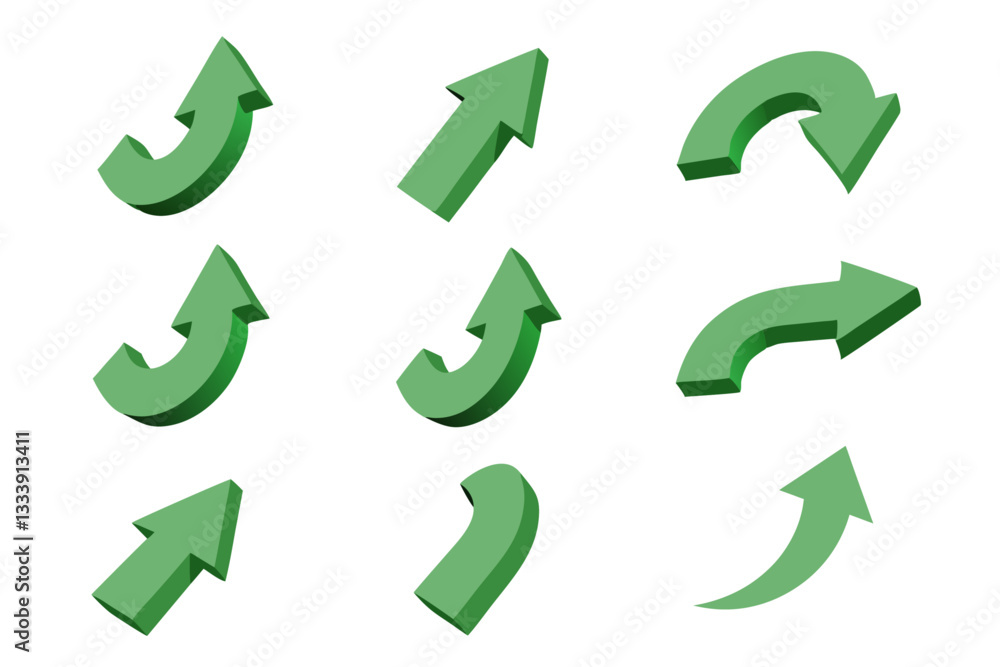 Poster nine stylish 3d green arrows floating on white background in different directions. vector set of arr