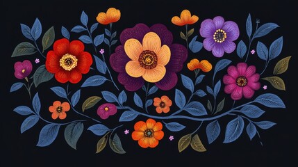 Vibrant Floral Tapestry: A Dark Background Showcases an Array of Colorful Blooms, Exuding Beauty and Elegance
