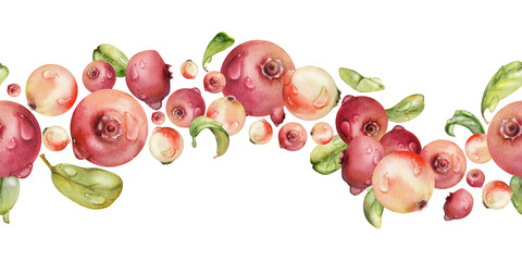 Cranberry lingonberry, water dew drops and green leaves, hand drawn in watercolor, scattered flying ripe forest berry bearberry teaberry. Isolated seamless banner. Dessert cafe menu, farmers market