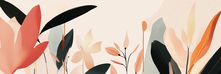 Abstract Floral Artwork: Peach, Coral, and Black Botanical Illustration