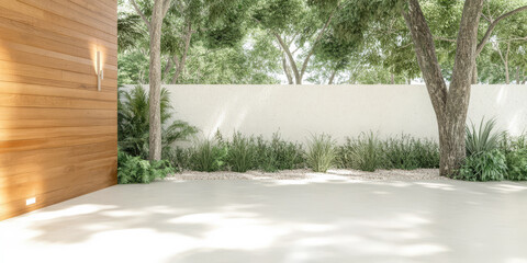 Modern outdoor space with natural elements and smooth flooring in bright daylight