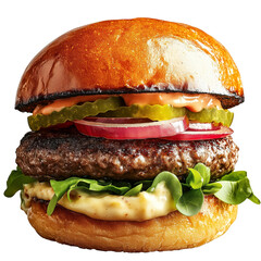 Savory Stack: Capturing a culinary masterpiece, a close-up shot of a gourmet burger showcases a juicy patty, crisp vegetables, and rich sauces, all nestled within a perfectly toasted bun.