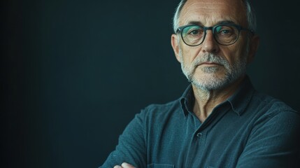 Fototapeta premium A mature man, his face etched with wisdom and experience, stands with arms crossed against a backdrop of soft lighting, exuding an aura of quiet dignity.