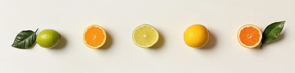 Colorful citrus slices and whole fruits arranged on white background