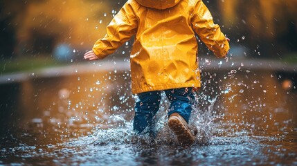 Child splashes in autumn puddle, park