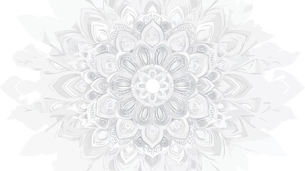 The image is a digital illustration of a mandala. The mandala is predominantly white and light gray, with intricate, symmetrical patterns radiating from a central point. The design features