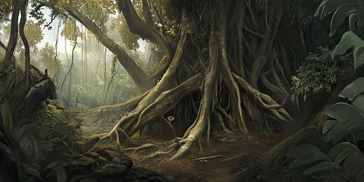 Giant fig tree roots stretch across lush rainforest landscape