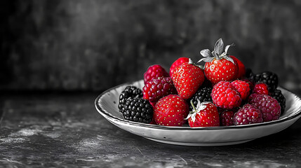 A contrasty black-and-white breakfast scene with just the berries in full color 