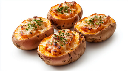 Four baked potatoes with cheese and parsley on top