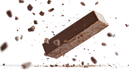 A chocolate bar is in the air, with chocolate chips and crumbs falling around it