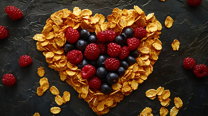 A creative food art piece made with cereal flakes arranged in the shape of a heart with berries 