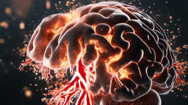 A floating human brain. Tiny, luminous stem cells actively integrate into the brain&rsquo;s neural pathways, repairing damaged areas. 4k video footage