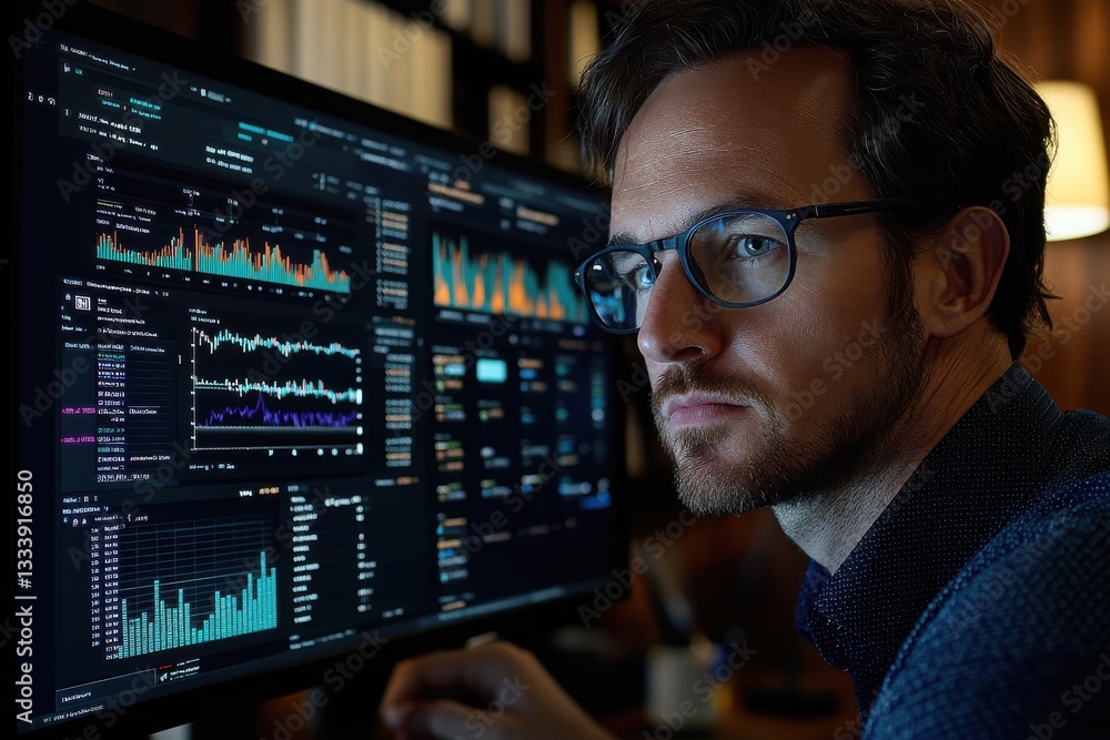 Poster focused man analyzing data on a computer screen at night