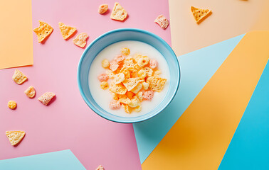 A creative food styling shot of cereal and milk in a geometric composition 
