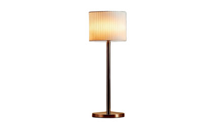 Modern Floor Lamp, a sleek, minimalist floor lamp with a metallic base and a warm glowing light, isolated on a transparent background