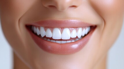 Fototapeta premium A radiant smile illuminates the face of a pristine-skinned woman as her white teeth flash, framed against a crisp white backdrop, exuding confidence and youthful vitality.