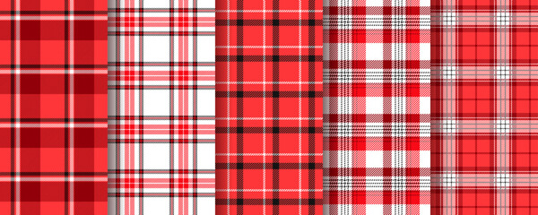 Checkered seamless pattern. Gingham red black background. Set Plaid tartan prints. Buffalo table cloth textures. Flannel textile. Vichy kitchen tablecloth. Picnic fabric cloth. Vector illustration
