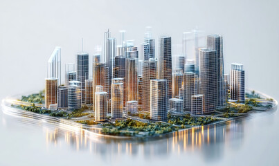 Obraz premium Futuristic AI Driven Architectural Model Floating as a Holographic Cityscape A complex dynamic and vibrant digital visualization of a modern high tech urban landscape with skyscrapers towers,
