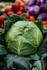 Fresh head of cabbage at outdoor market with assorted produce