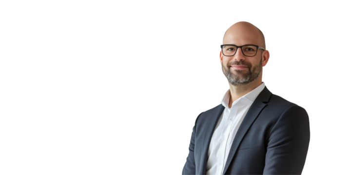 Confident Professional: A close-up shot of a smiling man, impeccably dressed in a business suit and glasses. The portrait captures his friendly demeanor.