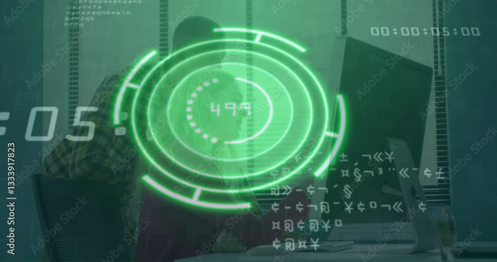 Poster green digital interface animation over people working at office desk with computers