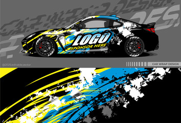 Car wrap design vector with black, blue, yellow colour. Abstract decal livery. Sticker vinyl body car. Suitable for racing, drift, rally or daily use 
