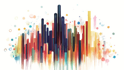 Obraz premium The image is a digital illustration depicting an abstract cityscape. It features a collection of vertical, multicolored bars of varying heights and widths, reminiscent of buildings in a city