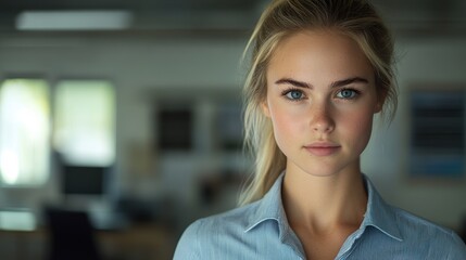 Obraz premium A young businesswoman, her sharp eyes focused on the viewer, stands confidently in her office, exuding an aura of professionalism and determination.