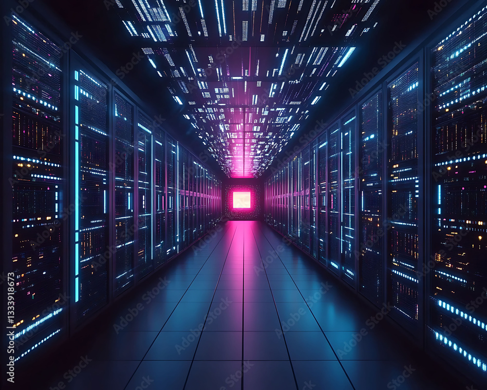 Poster futuristic digital corridor with a glowing server mainframe and advanced technological infrastructur