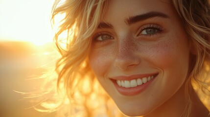 A vibrant blonde woman, her face illuminated by a radiant smile, exudes warmth and joy, a portrait capturing the essence of youth and happiness.