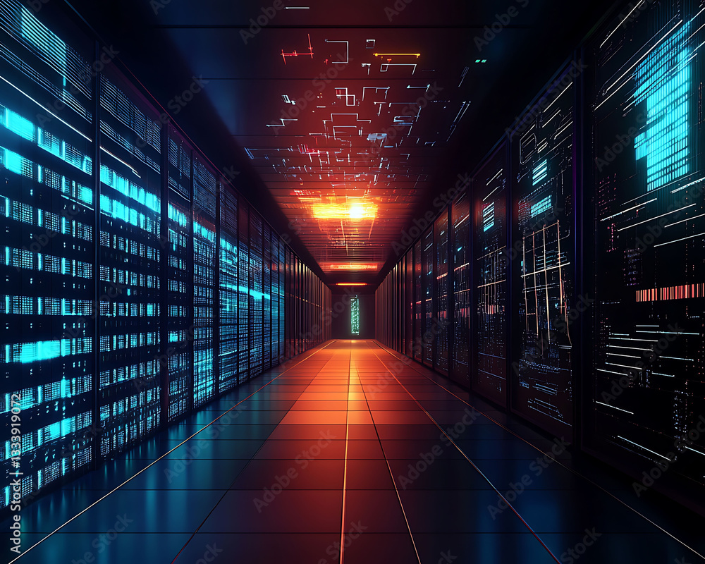 Poster futuristic digital corridor with a glowing server mainframe and advanced technological infrastructur
