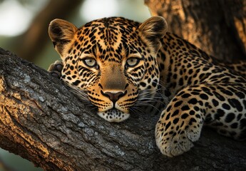 Naklejka premium Majestic Leopard Resting Calmly on a Tree Branch in Natural Habitat, Showcasing Stunning Coat Patterns and Intense Gaze Through Golden Light
