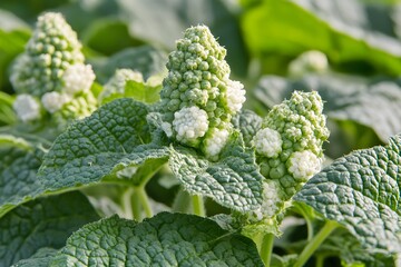 Closeup Green Plant with Unique White Flower Buds