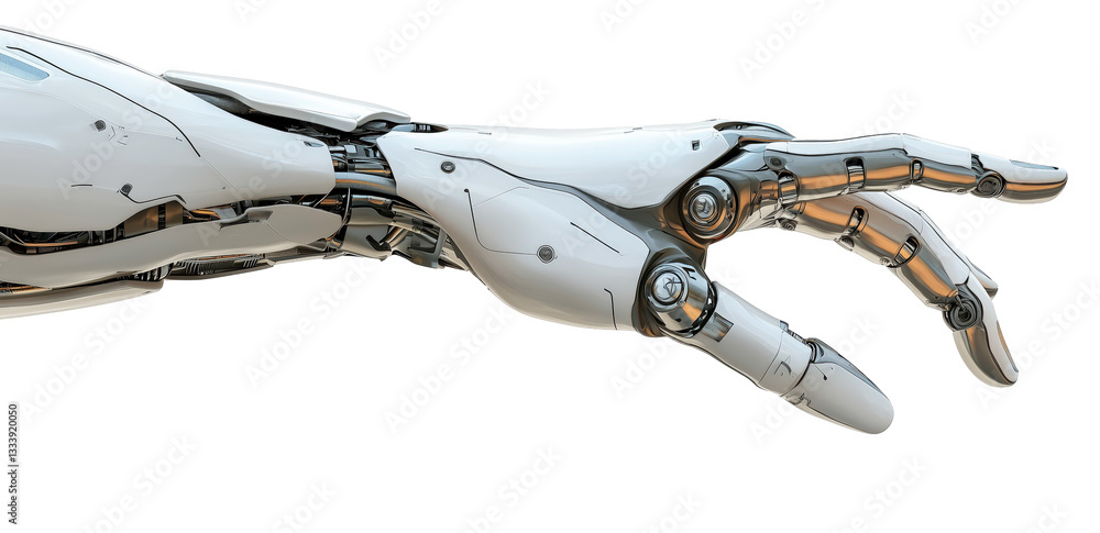Poster the mechanical hand: a close-up shot of a detailed, metallic robot hand extending forward. the image