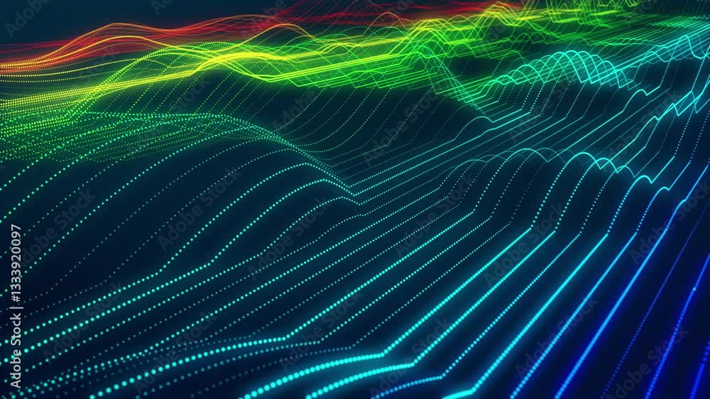 Poster stunning surface composed of neon glow particles that form waves of light. captivating seamless loop