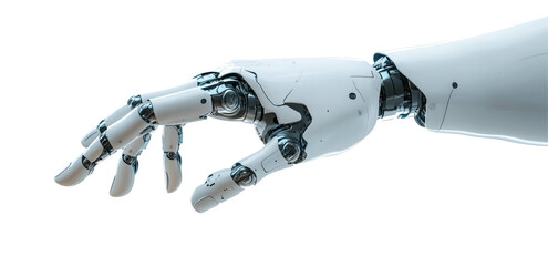 Robotic Hand: A close-up view of a sleek, white robotic hand, showcasing intricate mechanical details and a futuristic design, as it extends forward.