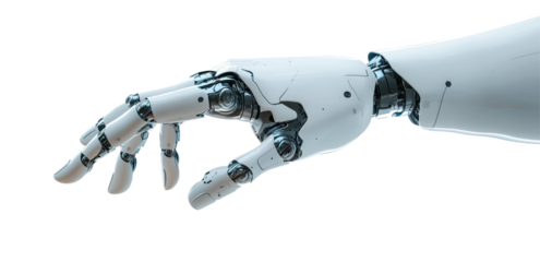 Robotic Hand: A close-up view of a sleek, white robotic hand, showcasing intricate mechanical details and a futuristic design, as it extends forward.