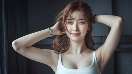 Young woman with headache in glamorous studio setting, showcasing beauty and style