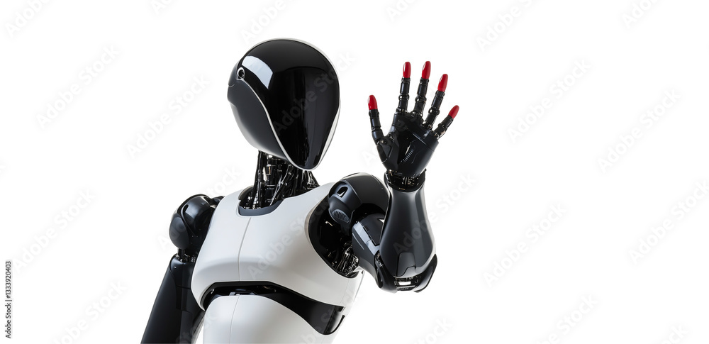 Poster greeting from the future: a sleek, humanoid robot extends a hand in a friendly greeting, showcasing 