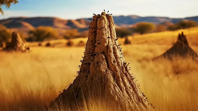 Ants bustling around a large termite mound in a sunlit savanna landscape with distant hills