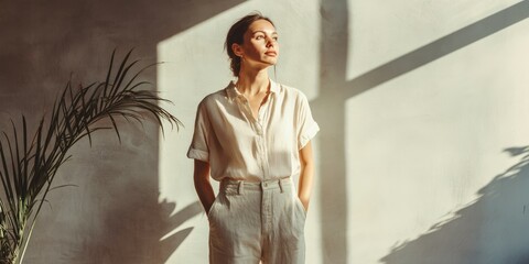 Woman in linen pants stands by bright window light