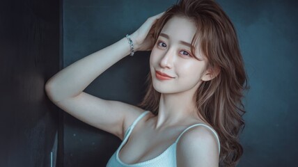 Young woman with headache in glamorous studio setting, showcasing beauty and style