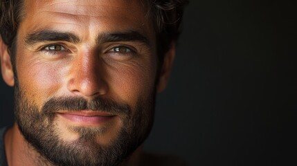 Fototapeta premium A close-up portrait of a handsome man, beard neatly trimmed, exudes confidence and warmth as he gazes into the camera with a radiant smile, embodying a lifestyle of vitality and happiness.