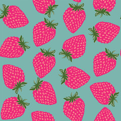 Seamless pattern with strawberry on color background. Natural delicious fresh ripe tasty fruit. Vector illustration for print, fabric, textile, banner, other design. Food concept.