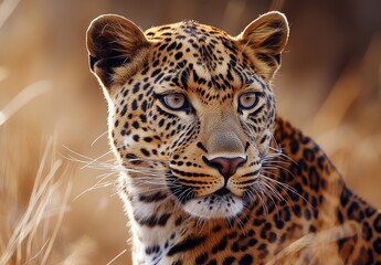 Obraz premium Majestic leopard resting gracefully in golden grassland, showcasing striking coat pattern and captivating gaze, exuding elegance and wild beauty